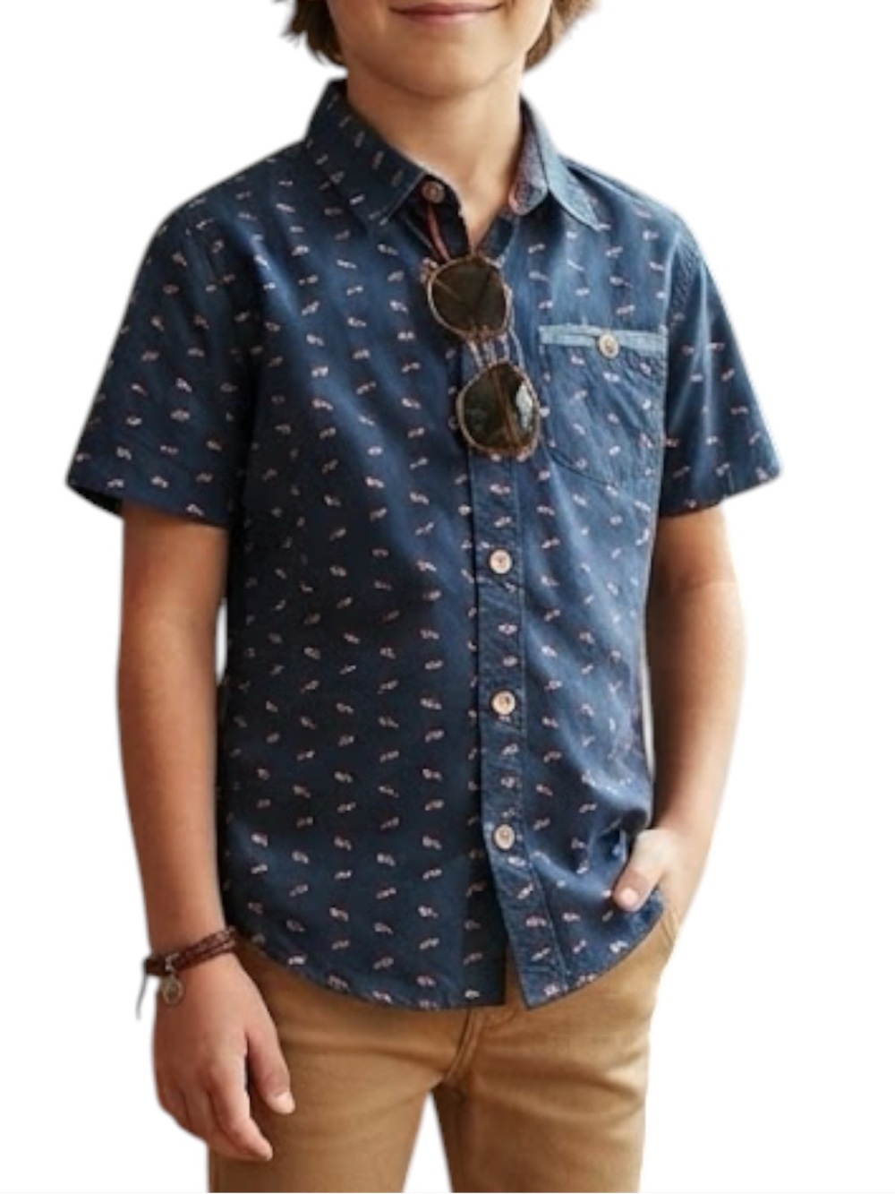 CACTUS Boys Fox Print Short Sleeve Button Down Navy Blue Size 9-10Y